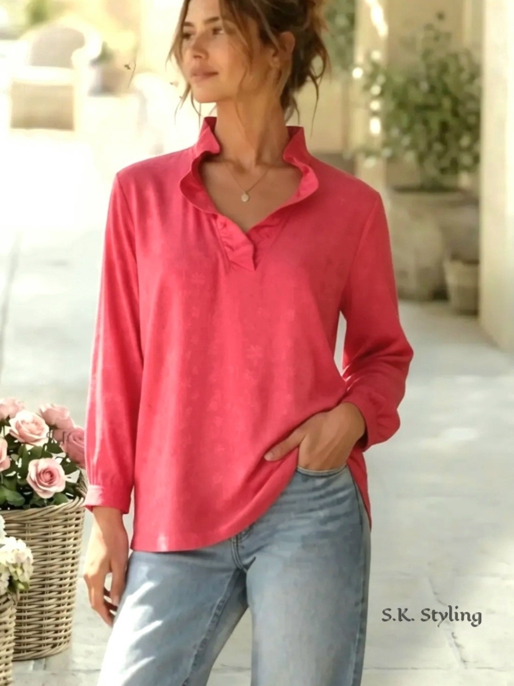 Crown & Ivy Coral Pink Relaxed Flowy Blouse Embroidered Palm Trees Ruffled Large